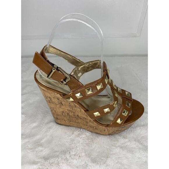 Soda Womens Studded Brown Cork Wedge Sandals Size 7.5 - Picture 7 of 8
